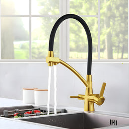 Plantex Pure Brass Kitchen Taps for Home Sink/3-in-1 Sink Mixer Tap with Built-in RO Outlet/360Ã‚Â° Swivel Spout with Pull Down Kitchen Faucet-(Gold & Black)