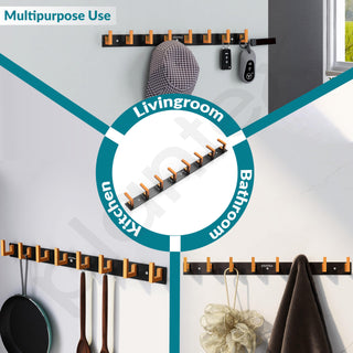 Plantex Aluminum Hook Rail with L-Shape Hook for Clothes Hanging/Hook Rail Bar for Clothes/Towel/Keys -Pack of 3 (8 Hooks/Black & Gold)