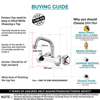 Plantex Pure Brass PRI-315 Kitchen Sink Mixer (High Arch 360 Degree) / Double Handle Hot & Cold Water Tap for Bathroom with Brass Wall Flange & Teflon Tape (Mirror-Chrome Finish)