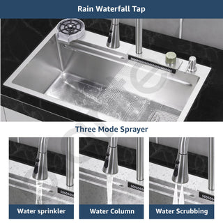 Plantex 304 Grade Stainless Steel Waterfall Kitchen Sink with Anti Scratch Honeycomb Design/Luxurious Sink for Kitchen with Pull Down Faucet - Multifuctional Modern Sink (30 x 18 Inch, Matt)