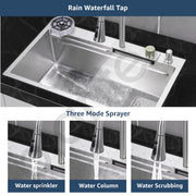 Plantex 304 Grade Stainless Steel Waterfall Kitchen Sink with Anti Scratch Honeycomb Design/Luxurious Sink for Kitchen with Pull Down Faucet - Multifuctional Modern Sink (30 x 18 Inch, Matt)