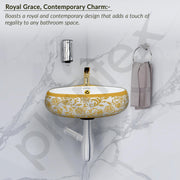 Plantex Ceramic Wash Basin/Corner Basin for Bathroom/Round Designer Tabletop Basin/Vessel Sink for Home/Office (14x14x6 inch - Gold & White)