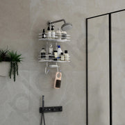 Plantex No Drill Bathroom Organiser/Shower Caddy for Bathroom Hanging/5in1 Stainless Steel Shelf with Soap Holder and Hooks (Big Size-Square Shape-Chrome Finish)