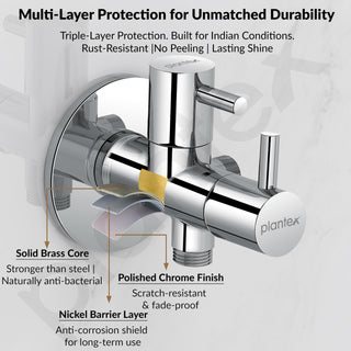 Plantex Pure Brass 2 Way Angle Valve/Quarter Turn Tap With Brass Wall Flange and Teflon Tape/Angle Cocke for Bathroom-(ICO-908-Mirror-Chrome)