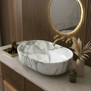 Plantex Ceramic Tabletop Washbasin for Bathroom/Designer Hand Wash Basin/Oval Countertop Basin/Home/Office (22x13.5x6 Inch - White & Grey)