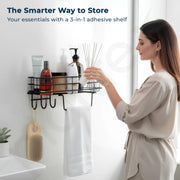 Plantex Self Adhesive Bathroom Shelf/GI Steel Bathroom Shelf with Hook and Napkin Holder/Bathroom Organizer without Drill/3 in 1 Wall Adhesive Shelf/Bathroom Accessories Set-(Black)
