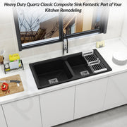 Plantex Kitchen Sink/UV Protected Quartz Sink for Kitchen/Double Bowl Sink with Coupling and Hose Pipe (Charcoal Black - 37x18inch)