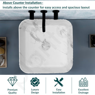 Plantex Tabletop Wash Basin for Bathroom/Designer Ceramic Basin/Countertop Wash Basin/Home/Office (Marble White - 16 x 16 x 6.5 Inch)