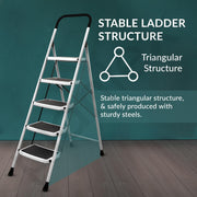 Plantex 5 Step Foldable Ladder for Home Use/Steel Ladder with Anti-Slip Shoes/Step Ladder with Double-Grip Technology(White & Black)