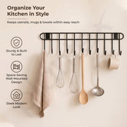Plantex Hook Rail/GI Steel Hooks for Wall Without Drilling/Self Adhesive Hook Rail for Clothes/Towel - Pack of 1 (11 Hooks, Black)