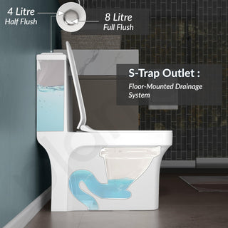 Plantex Commode for Toilet/One Piece Western Toilet with Rim Wash-Down Flush/Ceramic One Piece Commode with Soft Closing Toilet Seat - S Trap - (Lunar, White)