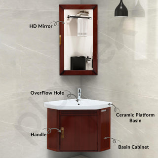 Plantex Wall Mount Vanity Cabinet with Washbasin and Mirror/Corner Wash Basin with Unbrekable Cabinet Full Set for Bathroom (461 - Brown)