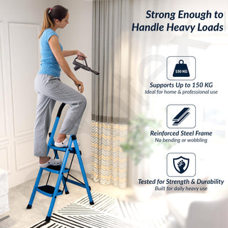 Plantex Premium 3 Steps Steel Ladder | Wide Anti-Skid Step Ladder | Easy to Fold | 5 Year Manufacturer Warranty(3-Step,Blue & Black)