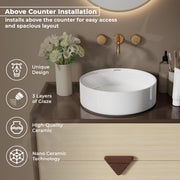Plantex Ceramic Table Top Wash Basin For Bathroom/Table Top Washbasin with 10 Years Glaze Warranty by Plantex/Round Countertop Vessel Sink Basin For Home/Office/Hotel (14.5 X 14.5 X 5Inch-RUBY-White)