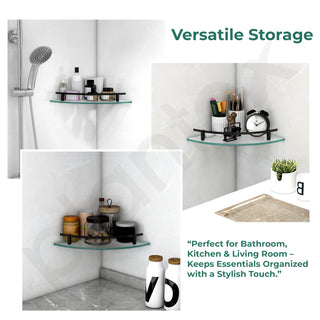 Plantex Premium Frosted Glass Corner/Shelf for Bathroom/Wall Shelf/Storage Shelf - (12x12 in,Black-Pack of 1)