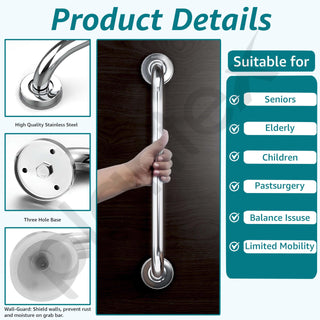 Plantex 24 Inch Handle for Bathroom Support/Anti-Slip Shower Grab Bar - Stainless Steel Bathroom Handrail (Chrome)