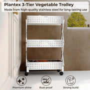 Plantex 3-Tier Multipurpose Storage Trolley with Wheels/Rotating Kitchen Vegetable Rack/Stainless Steel Space Saving Organizer Basket Stand/Heavy Duty Rolling Utility Cart–(Chrome)