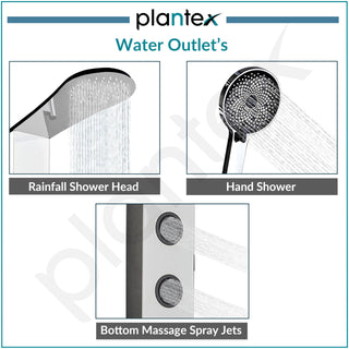 Plantex 304 Grade Stainless Steel Shower Panel for Bathroom Full Set with Overhead Shower/Hand Shower with Hose Pipe & Clamp/Round Body Jets- Full Shower Set with Utility Shelves (Chrome & Black)