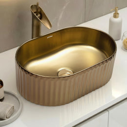 Plantex Table Top Wash Basin For Bathroom/Designer Ceramic Basin/Countertop Vessel Sink Basin - Indo-European Collection (Golden, 20 x 13 x 6 Inch)