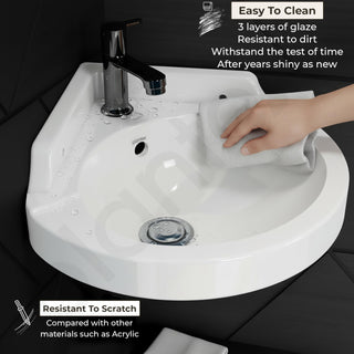 Plantex White Corner Wash Basin/Wall Mount Basin for Bathroom/Ceramic Tabletop Basin with 10 Years Glaze Warranty by Plantex/Small Corner Sink (Breva, 14.5 x 14.5 x 5 Inch)
