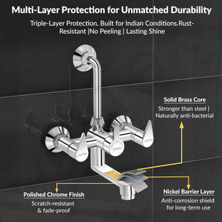 Plantex Pure Brass Wall Mixer for Bathroom 2 in 1 with L-Bend Provision for Overhead Shower/Mixer Tap for Bathroom -7 Year Warranty by Plantex -(Pac-1818-Chrome)