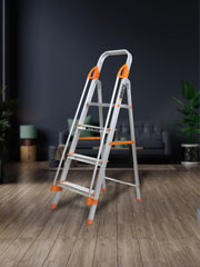 Plantex Secura 4 Step Ladder for Home/Aluminium Foldable Ladder with Safe Hand Rail (Orange-Silver)