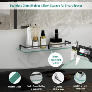 Plantex Shelf for Bathroom/Frosted Glass Shelf with Brass Railings and Brackets/Shelf for Bedroom/Living Room/Kitchen - Pack of 1 (15 x 6 inch, Black)