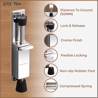 Plantex Kickdown Door Stoper Spring Loaded Telescopic Step On/Off Door Stopper Rubber, Adjustable Heavy Duty Door Locks Holder Stop/Release by Foot - (Chrome)