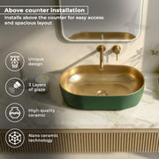 Plantex Designer Wash Basin for Bathroom/Ceramic Table Top Washbasin/Countertop Vessel Sink Basin - (Green Gold, 22 x 13 x 6 Inch)