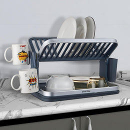 Plantex Kitchen Storage Rack/Aluminium Fold Flat Dish Drying Rack/2-Tier with Drainboard/Kitchen Organiser Rack - (Silver & Grey)