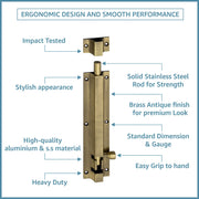 Plantex Stainless Steel 8 inch Tower Bolt/Tower Bolt for Home,Offices Doors and Windows/Tower Bolt for Main Door/Door Latch/Kundi/Chitakini/Door Latch for Windows (Brass Antique, Pack of 2)