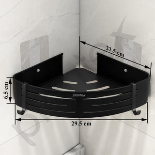 Plantex No Drill Bathroom Corner Shelves/Aluminium Self Adhesive Corner Shelf for Bathroom Wall/Bathroom Shelf Corner with Removable Hooks & Magic Stickers (9x9 inches, Matt Black) - Pack of 2