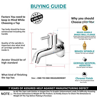 Plantex ICO-902 Pure Brass, Single Lever Bib Cock (Long Body) for Bathroom Basin/Kitchen Sink Faucet/Quarter Turn Tap with Brass Wall Flange & Teflon Tape (Mirror-Chrome Finish)