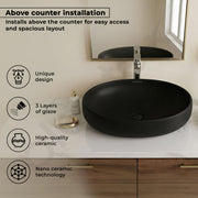 Plantex Ceramic Wash Basin for Bathroom/Table Top Ceramic Basin/Black Washbasin for Bathroom - (CRETA-NS-BLACK-MATT, 23 x 15 x 5.5 Inch)