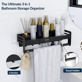 Plantex Aluminium Multipurpose Bathroom Shelf with Towel Rod and Movable Hooks/Rack Shelf for Bathroom/Kitchen Shelf Organizer (Black)