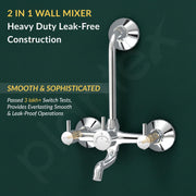Plantex Wall Mixer for Bathroom 2 in 1 with L-Bend Connecter for Overhead Shower with Brass Spindle/Mixer with Nickel Chrome Mirror Finish/Teflon Tape and Wall Flange-(Mks-1279)