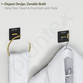 Plantex Self Adhesive Bathroom Accessories Set/Soap Holder/Tumbler Holder/Towel Rod/Napkin Holder/Robe Hook/Bathroom Accessories - Set of 5 (Matt Black & Gold)