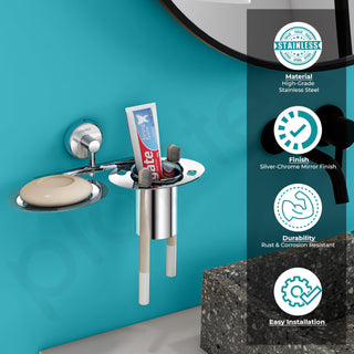 Plantex Stainless Steel Soap Dish with Tumbler Holder/Soap Dish with Toothpaste Holder/Soap Holder for Bathroom/Bathroom Accessories (Chrome)