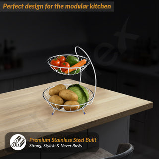 Plantex 2-Tier Fruit bowl for Dining Table/Stainless Steel Fruit Storage Basket For Dining Table/Vegetable Stand for Kitchen(Chrome Finish)