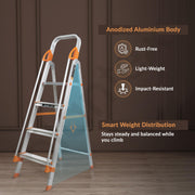 Plantex Secura 4 Step Ladder for Home/Aluminium Foldable Ladder with Safe Hand Rail (Orange-Silver)