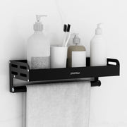 Plantex Aluminium Multipurpose Bathroom Shelf with Towel Rod with Movable Hooks/Bathroom Shelf Rack/Organizer for Bathroom Accessories - Wall Mount (Black)