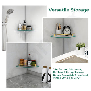 Plantex Premium Frosted Glass Corner Shelf for Bathroom/Kitchen Glass Shelf with Brass Railings and Brackets/Bathroom Corner Shelf (Brass Antique- 9x9 Inches - Pack of 1)