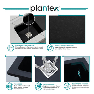 Plantex Sink for Kitchen/Granite Quartz Single Bowl Kitchen Sink With Drain Board/Undermount/Top Mounted (Black-36x18 Inches)