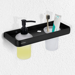 Plantex Self Adhesive Aluminium Liquid Soap Dispenser with Tumbler Holder for Bathroom/2 in 1 Shampoo Dispenser with Toothpaste Holder/Bathroom Accessories - Pack of 1 (1505, Black)