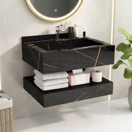 Plantex Floating Vanity/Slab Tile Vanity with Washbasin for Bathroom/Wall Mount Cabinet with Sink - (Marmor Black - 60 X 45 cm)