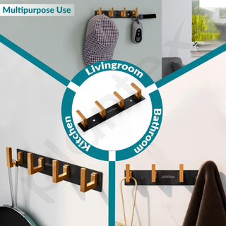 Plantex Aluminum Hook Rail with L-Shape Hook for Clothes Hanging/Hook Rail Bar for Clothes/Towel/Keys -Pack of 3 (4 Hooks/Black & Gold)