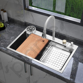 Plantex 304 Grade Stainless Steel Waterfall Kitchen Sink with Anti Scratch Honeycomb Design/Luxurious Sink for Kitchen with Pull Down Faucet - Multifuctional Modern Sink (30 x 18 Inch, Matt)