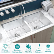 Plantex Stainless Steel 304 Grade Double Bowl Sink for Kitchen/Handmade Steel Kitchen Sink with 7 Years of Warrenty by Plantex/Sink with All Fitting & Drying Rack Included(Silver Matt-37x18 Inches)