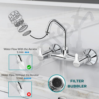 Plantex Pure Brass Kitchen Sink Tap with 360° Swivel Spout/Dual Handle Hot and Cold Water Tap for Kitchen/Sink Mixer with Brass Wall Flange and Teflon Tape (FLO-814-Chrome)