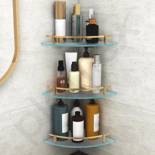 Plantex Premium Frosted Glass Corner Shelf for Bathroom/Glass Shelf/Storage Shelf - (12x12 in,Brass Antique-Pack of 3)